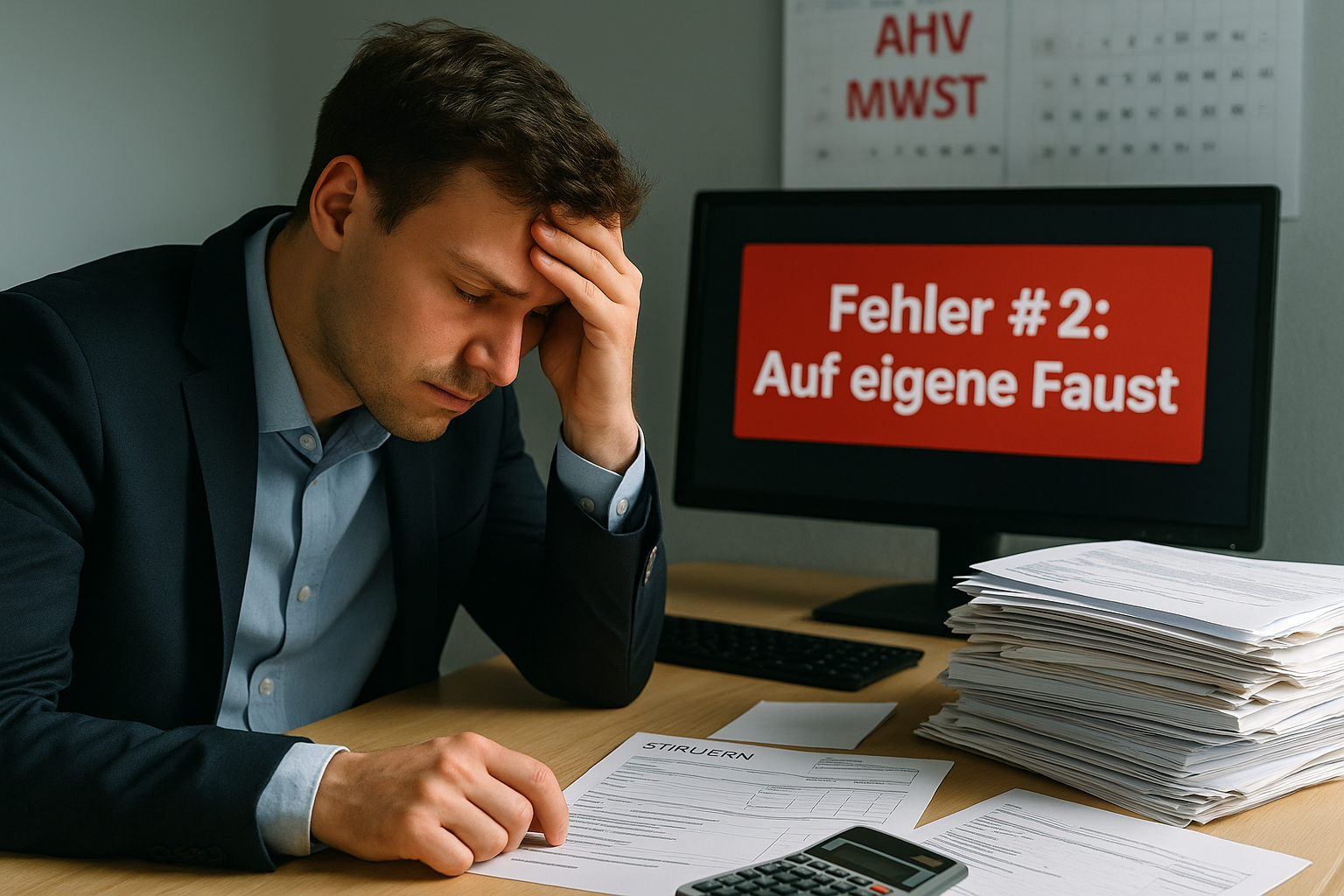 Junger Unternehmer überfordert mit Buchhaltung und Steuerunterlagen – Symbolbild für Gründungsfehler Schweiz